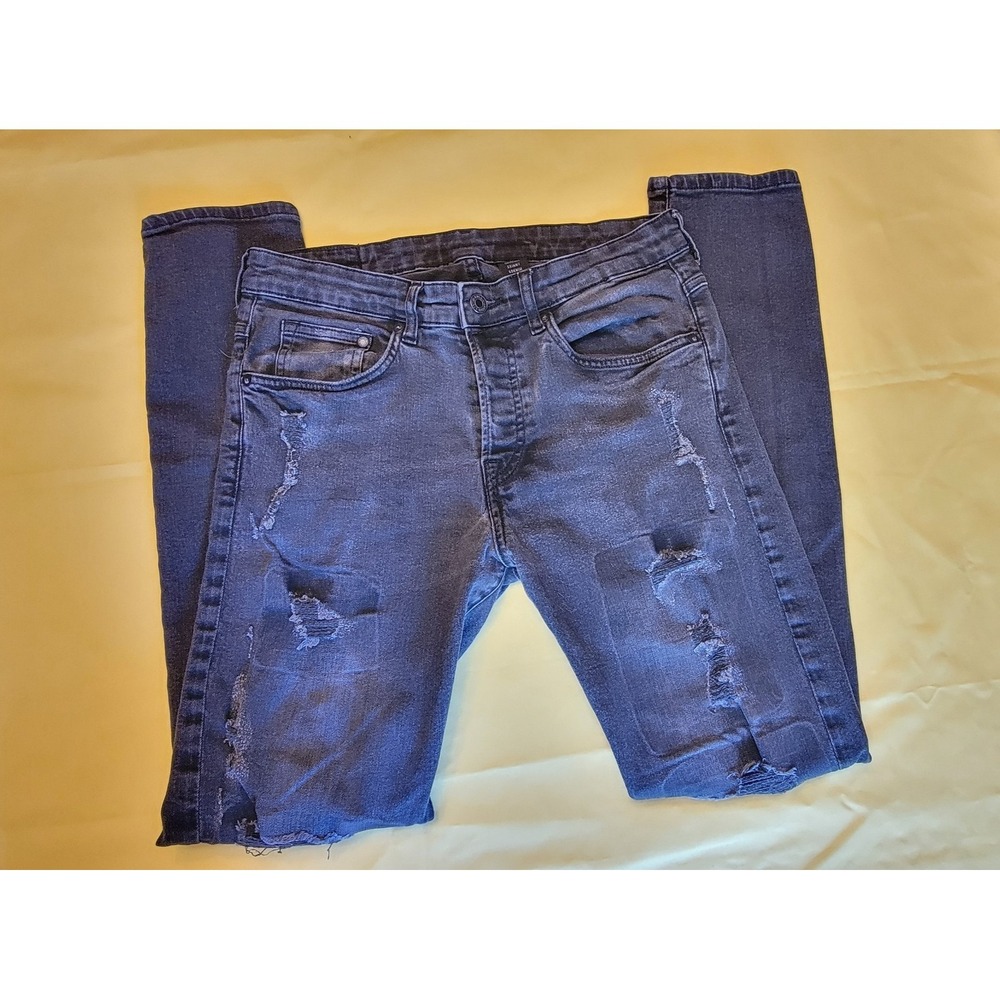 H&M Men's Black Skinny Jeans 32" Distressed Ripped Denim Streetwear Grunge Strch - Picture 2 of 16